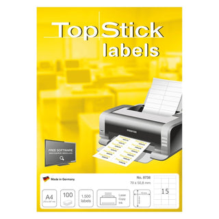 TopStick labels 15 labels/sheet, sharp corners, 70 x 50.8 mm, 100sheets/pack, White