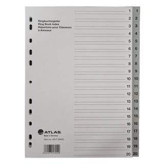 Atlas Divider Plastic PVC Grey A4, with numbers 1-20