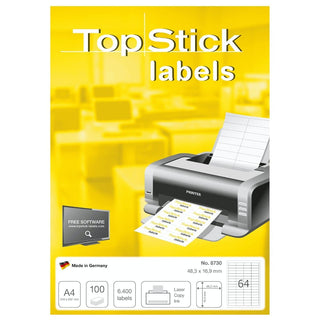 TopStick labels 64 labels/sheet, sharp corners, 48.3 x 16.9 mm, 100sheets/pack, White