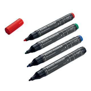 Sigel Glass Board Markers, 2-3 mm round nib, 4/set, Blue/Red/Green/Black